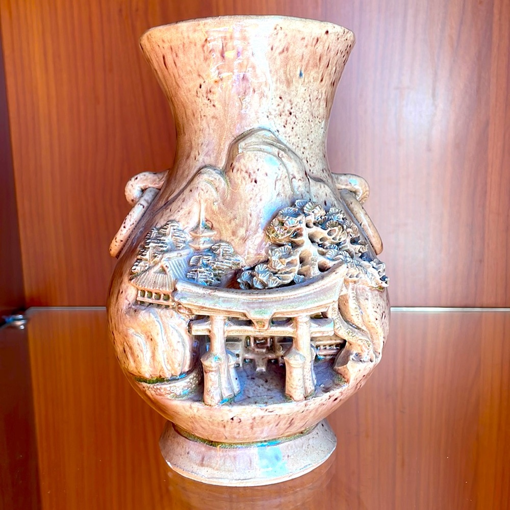 Banko ware Japanese Ceramic Vase hand carved  Design
